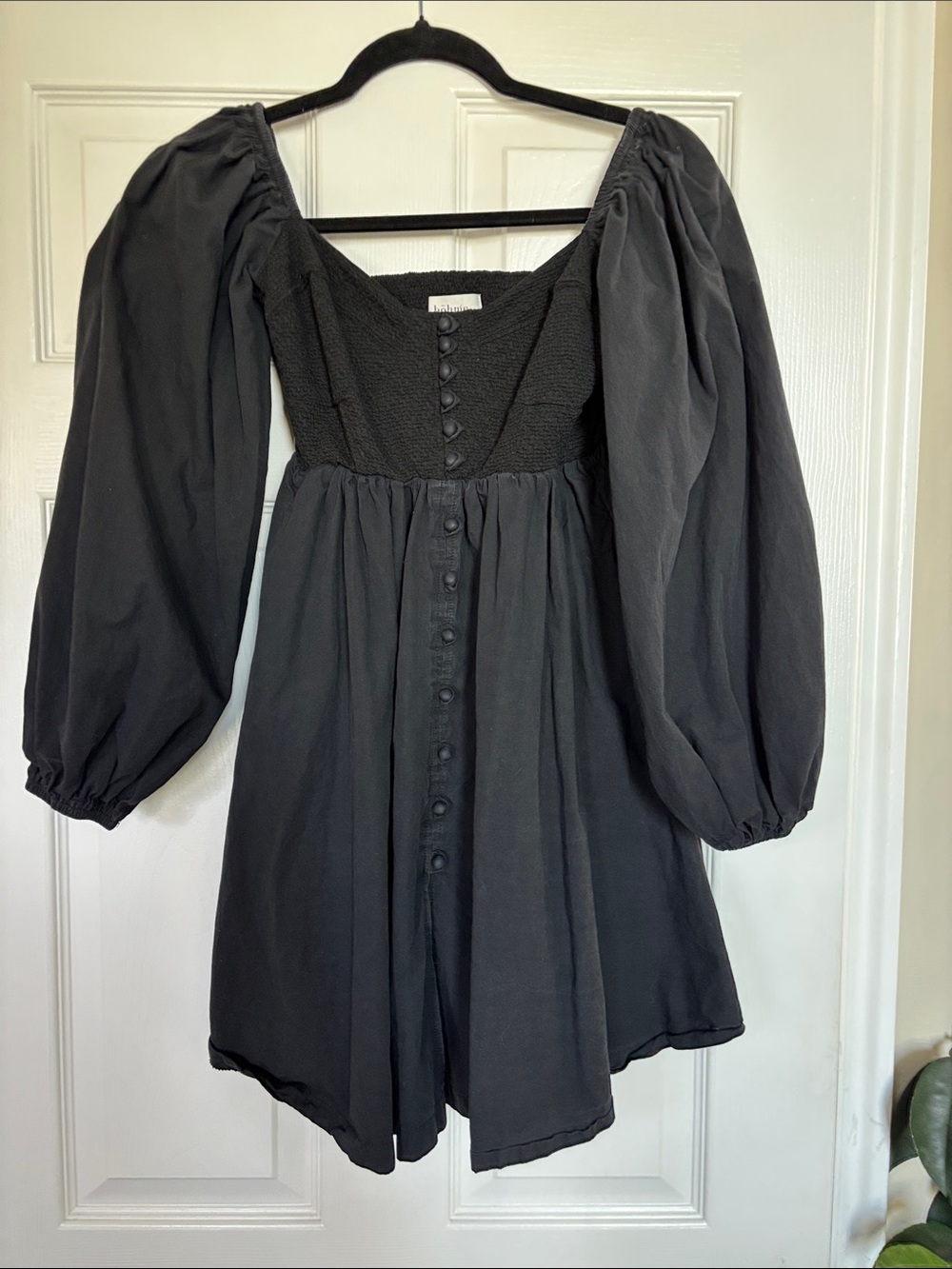 bohme Black Puff-Sleeve Smocked Mini Dress